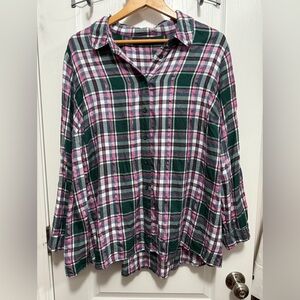 Lane Bryant Shirt Women's 22/24 Top Plaid Green Pink Silver‎ Shimmer Western